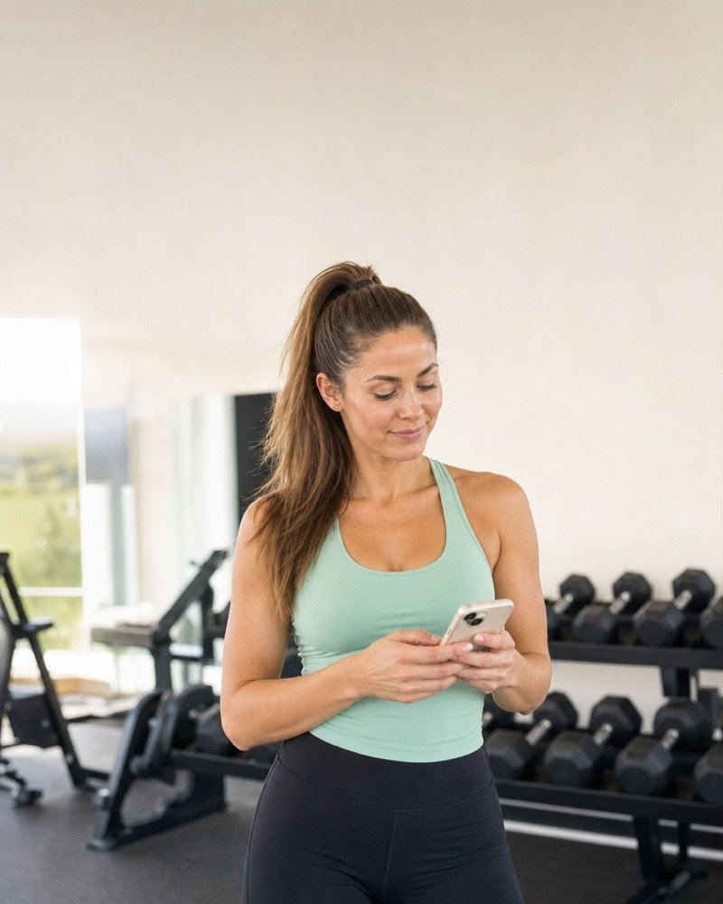 Woman checking her workout in Torr at the gym